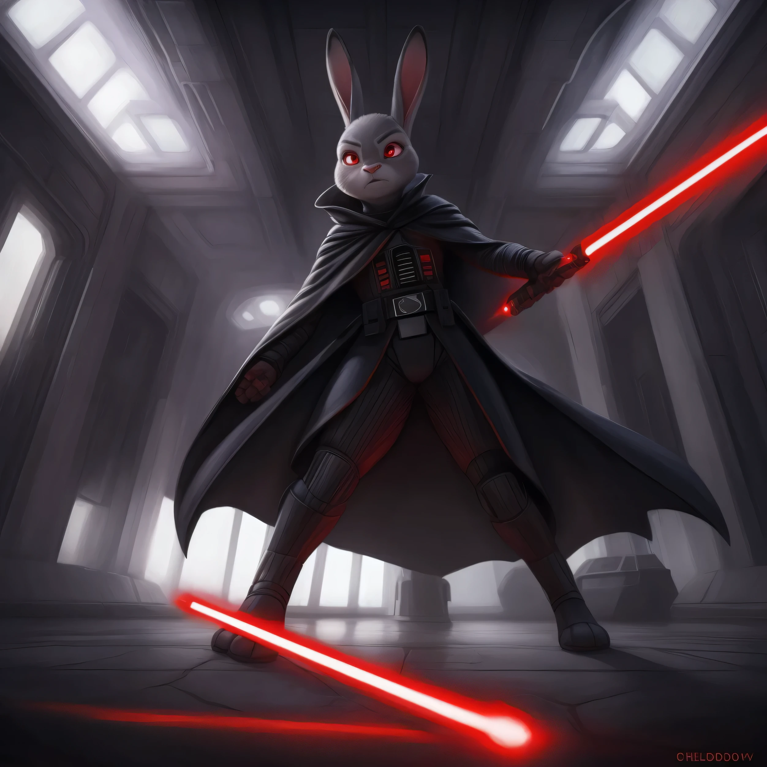 By chelodoy, Judy Hopps, red eyes, glowing eyes, angry, ready to attack, red lightsaber, black cape, Darth Vaders outfit, in the shadow, spaceship hall, Darth Vader, surrounded