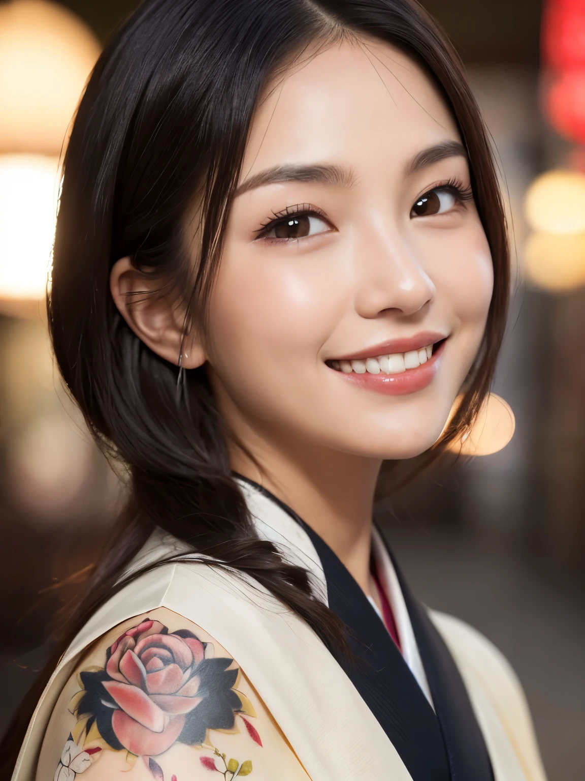 (RAW shot: 1.5, Realistic: 1.5, 8k, highest quality, masterpiece, Ultra-high resolution), Japan, Mysterious light in the darkness: 1.3, Skin and face texture: 1.3, cute slim woman, Sexy beauty, Perfect Style, Beautiful Skin, Very beautiful face, (はにかんだsmile, Facial expressions when feeling happy), (wear Kimono: 1.1), (Close-up shot, Full Body Tattoo, night, Fascinating Light)、(Anatomically correct)、(Perfect body proportions)、(Natural Hands、Natural Fingers)、(Breast Goddess, ((Round face)), Realistic Eye Size, Droopy eyes, smile,I'm bathed in dazzling light、Big Eyes、Droopy eyes