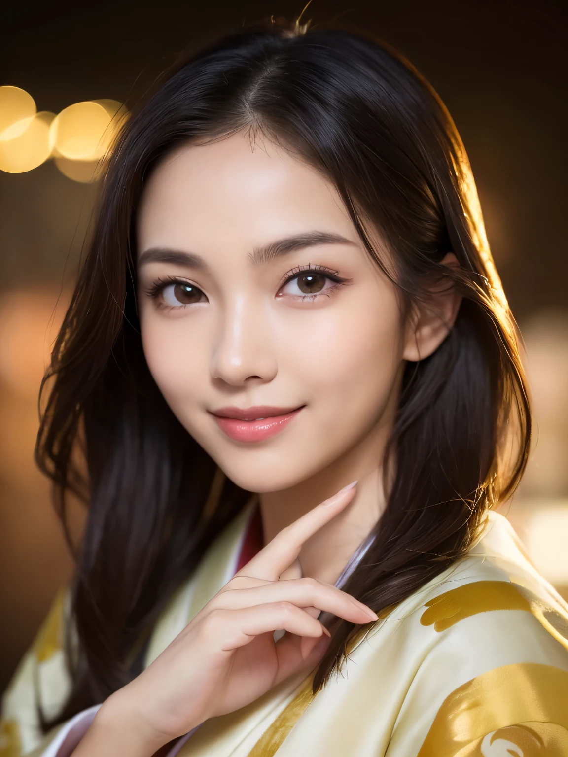 (RAW shot: 1.5, Realistic: 1.5, 8k, highest quality, masterpiece, Ultra-high resolution), Japan,  Mysterious light in the darkness: 1.3, Skin and face texture: 1.3, cute slim woman,  Sexy beauty, Perfect Style,  Beautiful Skin, Very beautiful face, (はにかんだsmile,  Facial expressions when feeling happy), (wear Kimono: 1.1),   (Close-up shot, Full Body Tattoo, night, Fascinating Light)、(Anatomically correct)、（Perfect body proportions)、(Natural Hands、Natural Fingers)、(Breast Goddess, ((Round face)), Realistic Eye Size, Droopy eyes, smile,I&#39;m bathed in dazzling light、Big Eyes、Droopy eyes