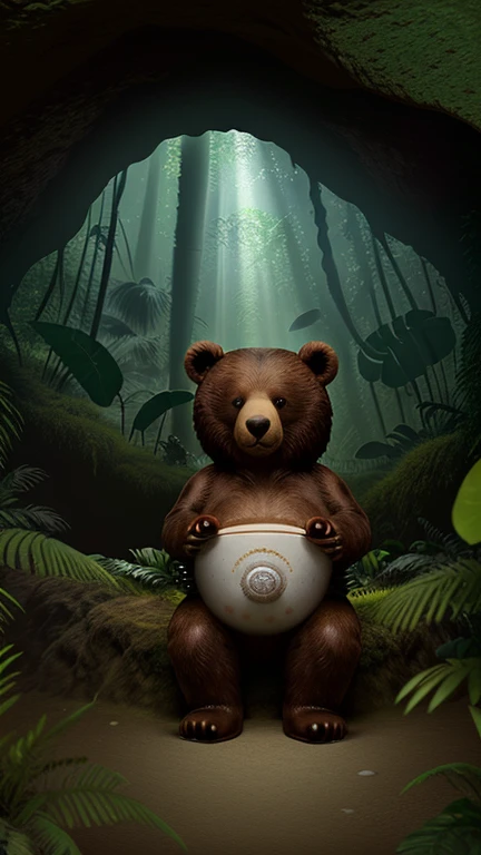 Cute furthery Bear proudly presenting the fixed bowl in a cave ,((slightly jungle like scene))