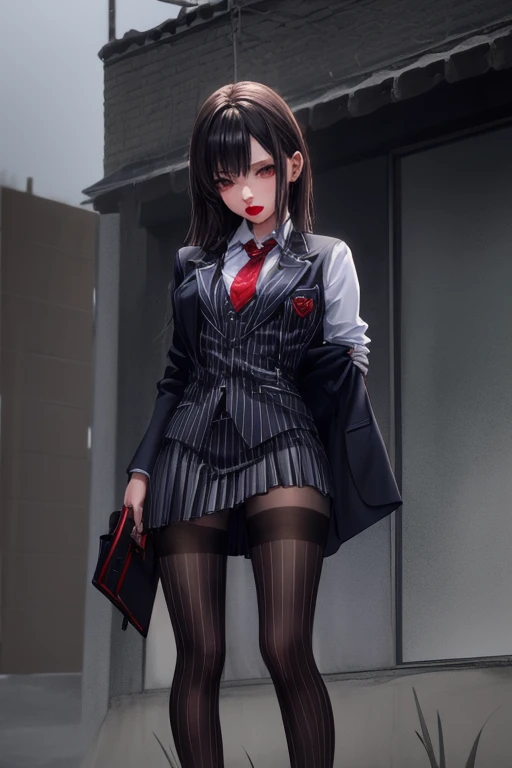 Set Skirt Pleated Short Skirt,Exposing your thighs。 Possession of a pistol, On alert, Ready for battle, Deserted Village, One girl, compensate, Silky Hair, Fully clothed, Skirt Suit, スーツとtie, (((Three-piece suit))), silk dress shirt, シャツとtie, tie, ((blazer)), ((Suit jacket)) ((No vest)), Bodycon mini skirt, pantyhose, tights, stockings, ((Red lipstick)), ((Pinstripe suit)), High heels, belt, tieピン, Pocket Chief, Tailored Suits