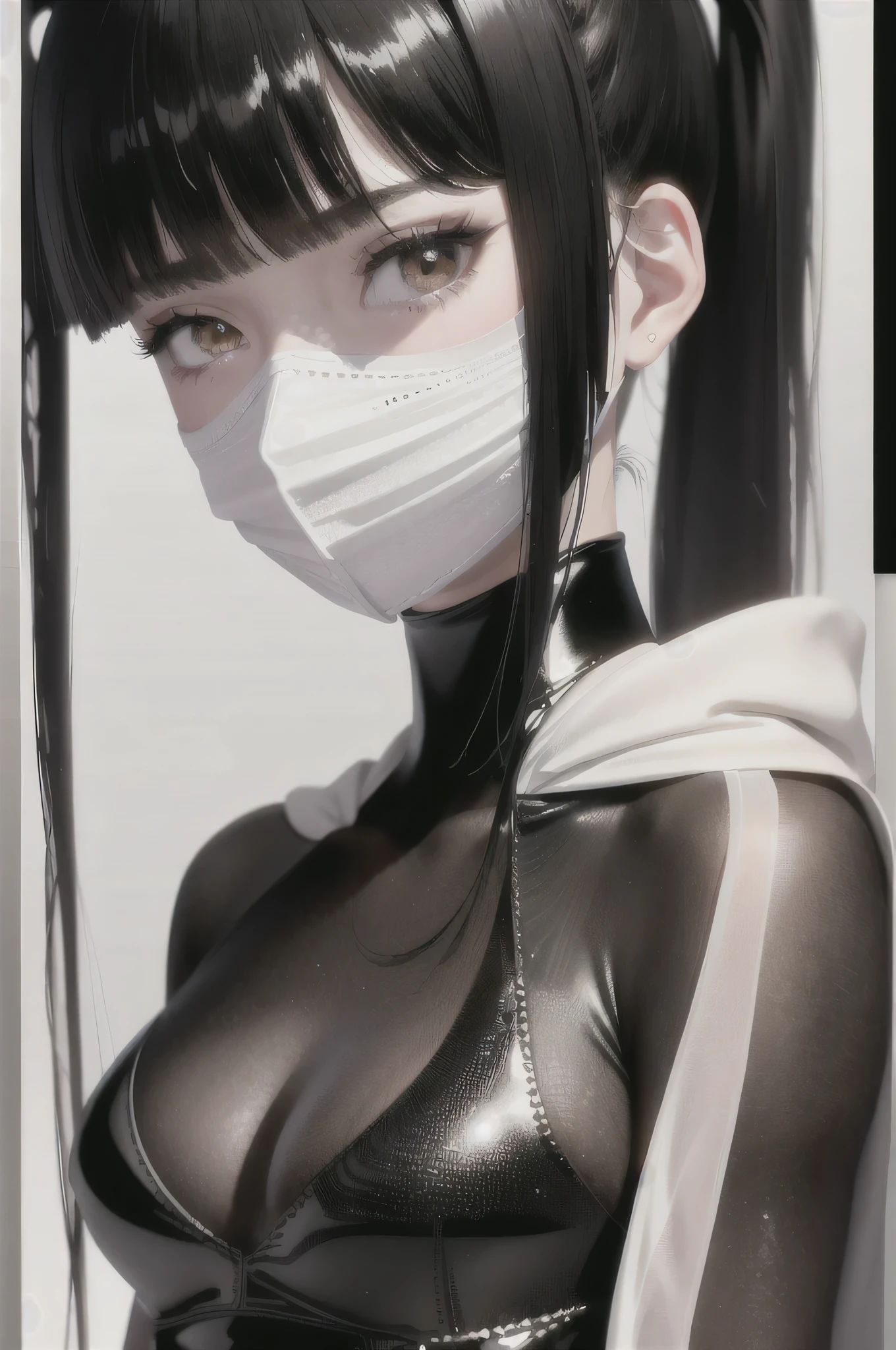Realistic style,( Black high ponytail,middle parted bangs,eyeslashes, gloss face, Bring a white mask,Glossy glossy skin, best qualtiy, Ultra-high resolution, depth of fields, color difference, Caustics, Wide light, Cold Goddess,Wear a 。