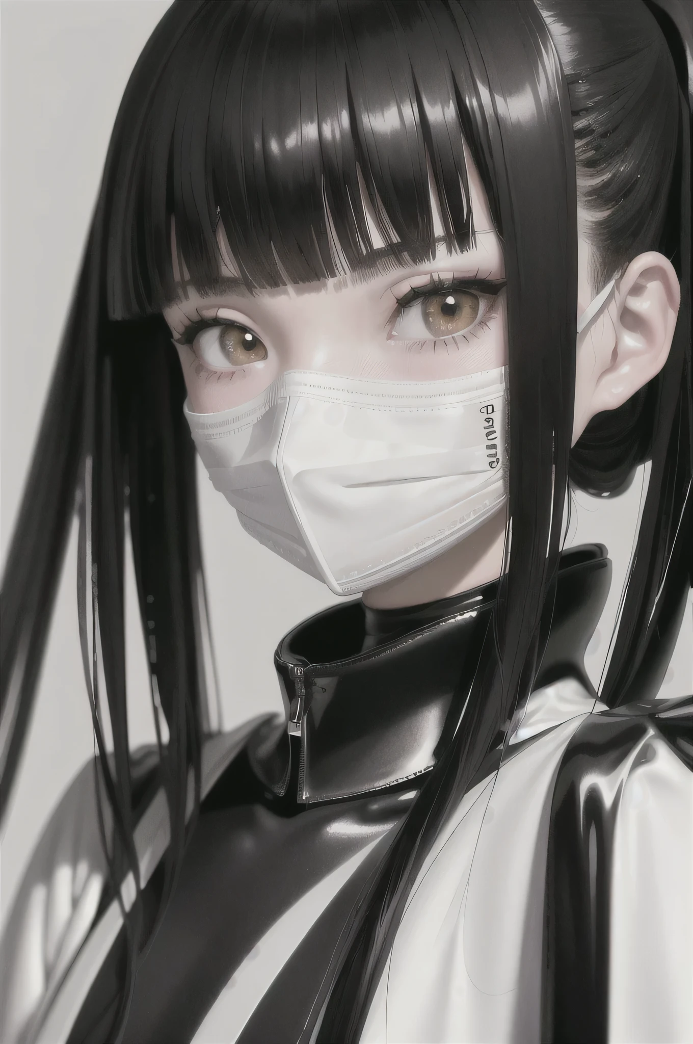 Realistic style,14-year-old girl( Black high ponytail,middle parted bangs,eyeslashes, gloss face, Bring a white mask,Glossy glossy skin, best qualtiy, Ultra-high resolution, depth of fields, color difference, Caustics, Wide light, Cold Goddess,Wear a 。