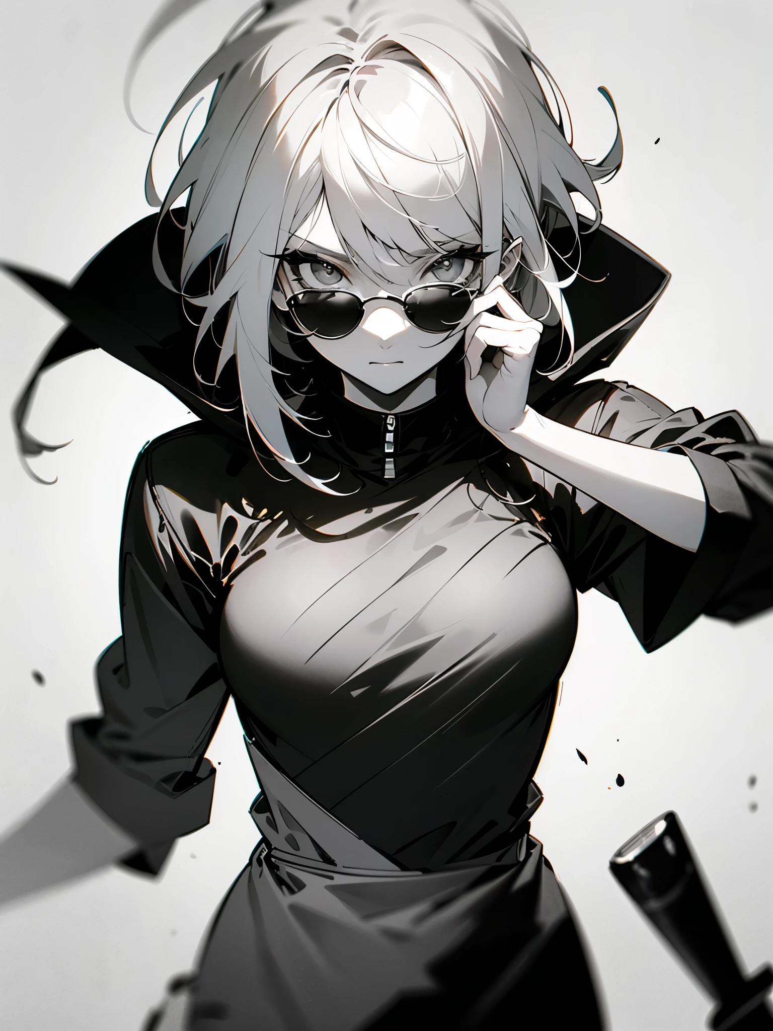 (Partial Mosaic, White Hair Girl, knife), Grayscale Shades, sketch, Minimalist Style, Monochrome background street art