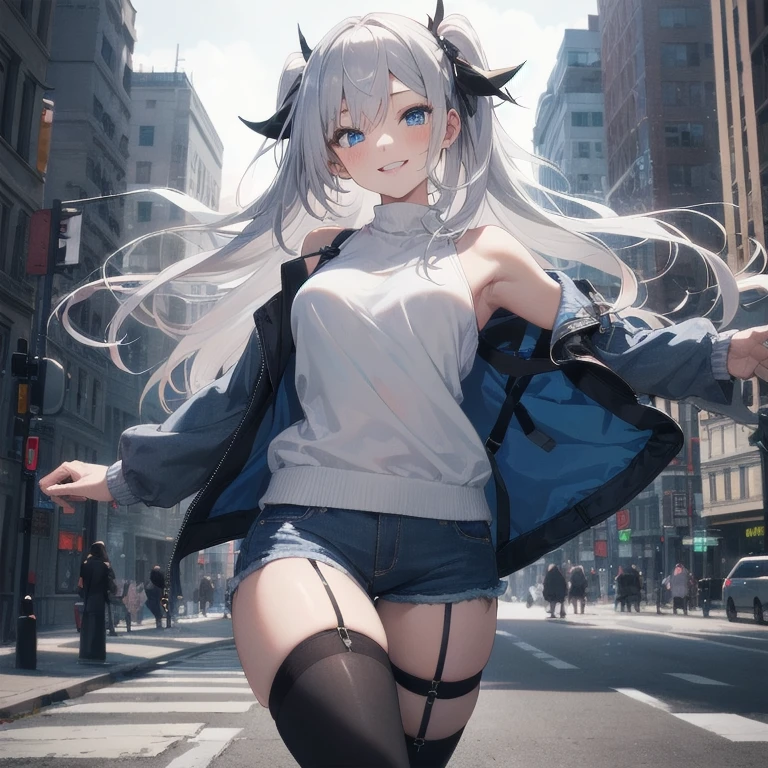 (Masterpiece, Best quality, ultra high resolution), 1 girl, Silver hair, Pale skin, Beautiful detailed face, Detailed eyes, posing on a, On a white background, Dynamic lighting, dynamic shadowing, looking at viewer, White stone punk fashion,(Posing for a photo),((White clothes)), (((black thigh highs))), ((jean shorts, skirt)), white sweater, ((Blue eyes)), happy, smiling, black straps, black strap design, ((Long white hair)), energetic, cheerful, cityscape background