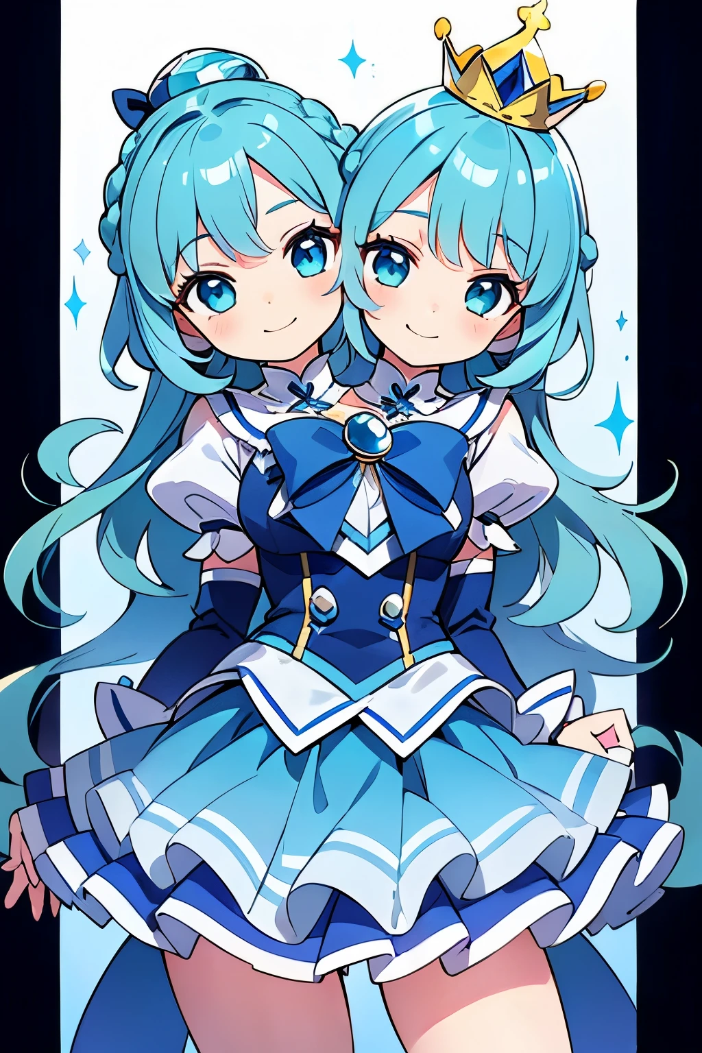 (best quality), (high quality), (detailed), (masterpiece), good artist, 1girl, (2heads:1.5), 1girl, smiling, wavy hair, cerulean blue hair, Aqua eyes, magical girl outfit, crown braid, frilly khaki skirt, a frilly button-down blouse, both heads having identical hair color, ((blue magical girl)), magical girl, gentle smile