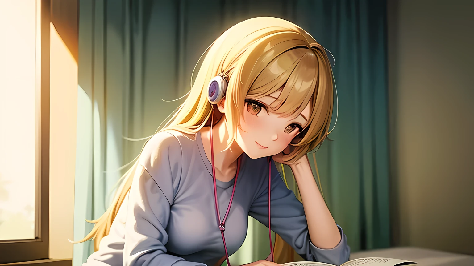 A beautiful girl studying in her room while listening to music with earphones Neutral white lighting Outside the room, green leaves and sunlight filtering through the trees Japanese anime style