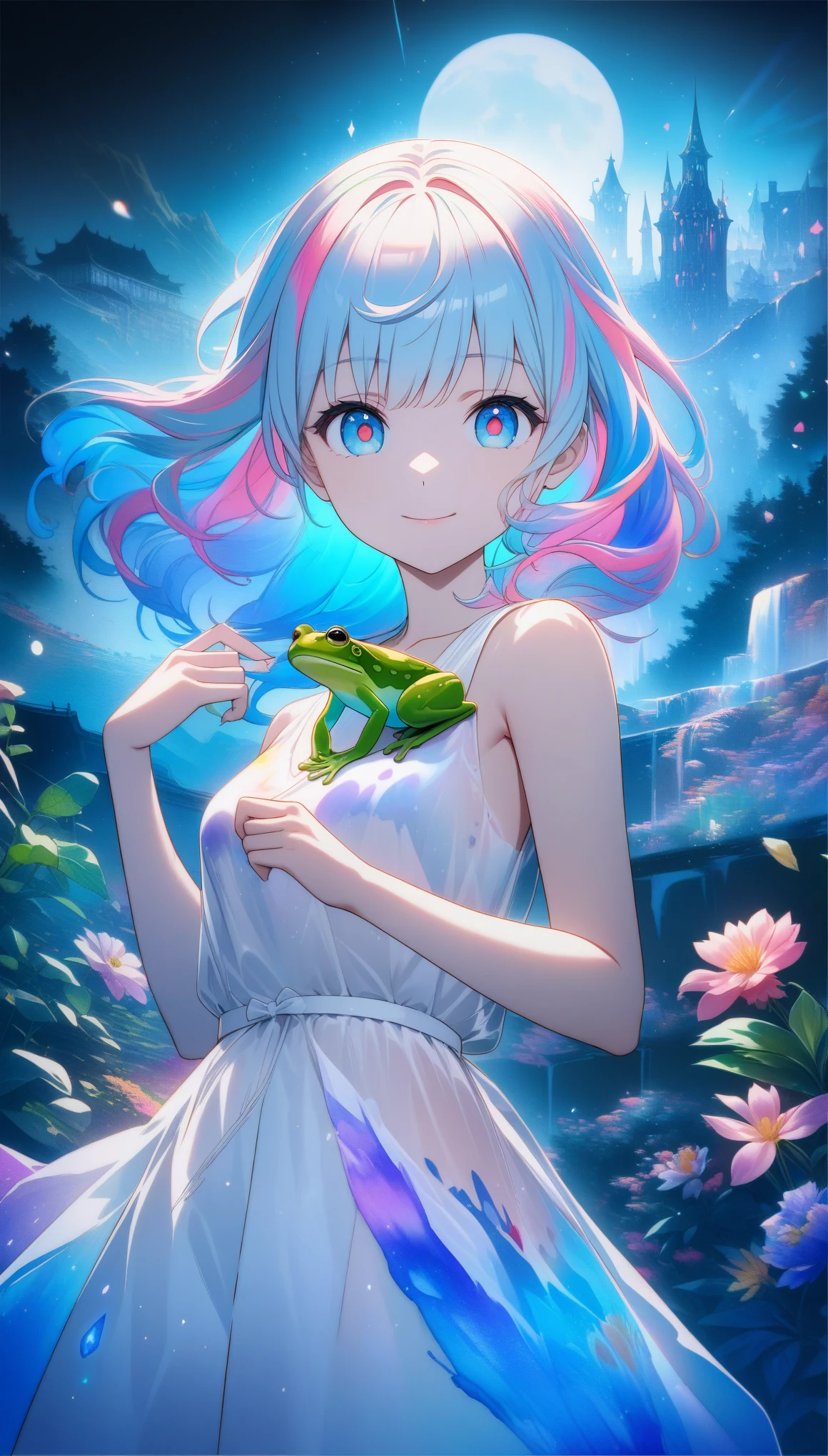 32k, best quality, ultra high res, HDR, UHD, extremely detailed CG, unity 32k wallpaper, **Japanese anime, A picture that looks like it was drawn with Copics,crystal style, crystal clear, woman with frog, under the blue moon, it was meticulously written, picture with elaborate writing, cute woman over smile,Flower, bold and strong line drawing, vivid acrylic painting, vivid thick paint, vivid, plain background, beautiful proof, highest resolution 16K, beautiful anime woman that is betrayeded by a frog, hair is short, Beautiful lightcyan high lights in her beautiful kind eyes, background is twinkle,Beautiful woman with a loose airy bright colorful hair with diamond high lights,Transparent dress, ,thick aquarelle colors,colorful,honeydew and diamond, lightcyan and white and light Effects,wallpaper,architecture,High quality, high image quality, great amount of drawing,pixiv illustration, transparency, Japanese anime,upper body,white tone, delicate brushwork,distinct color,