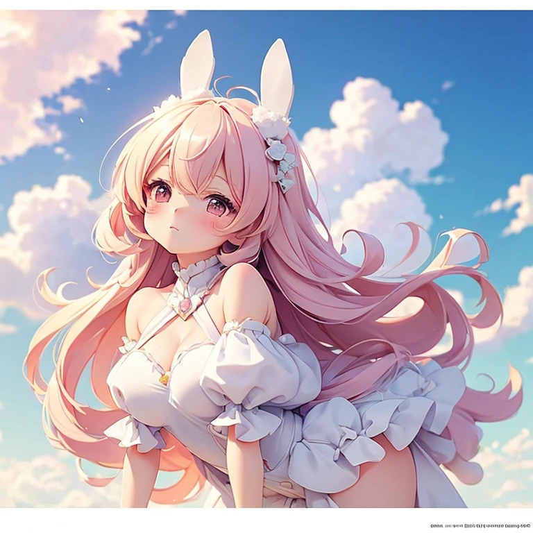 Bunny Morphing Girl, fluffy, soft ((highest quality)), ( Very detailed, Best details, Official Art, Beauty and aesthetics: 1.2), Depth of the written border, composition, whole body, (a bit), (Beautiful and detailed: 1.3), (wonderful:1), Colorful clouds blurred background,One girl,
