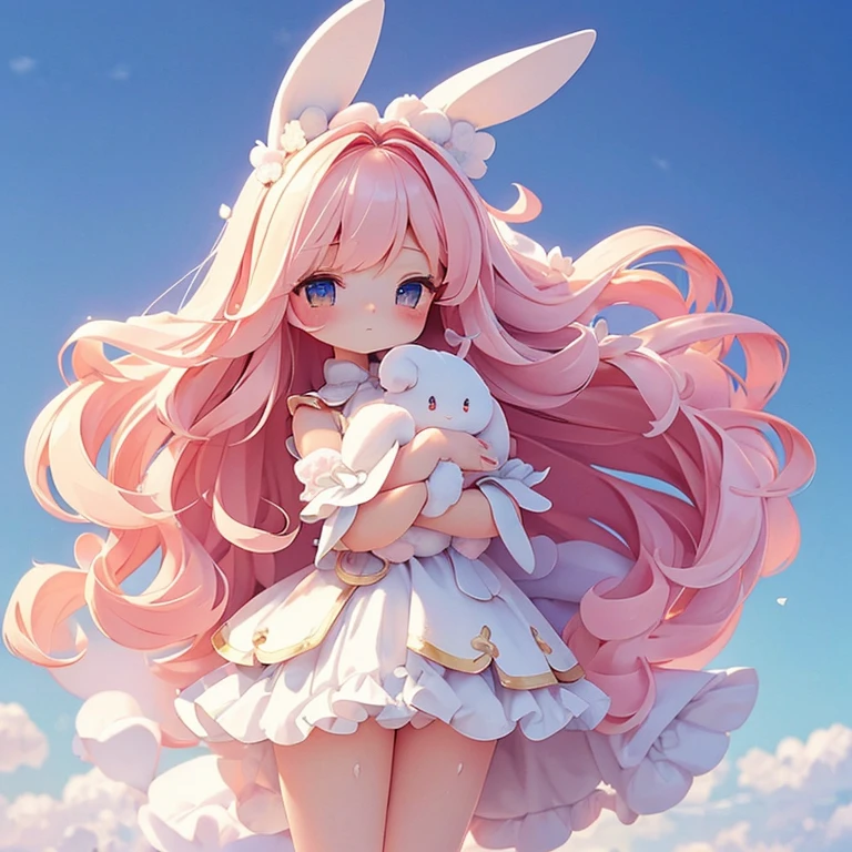 Bunny Morphing Girl, fluffy, soft ((highest quality)), ( Very detailed, Best details, Official Art, Beauty and aesthetics: 1.2), Depth of the written border, composition, whole body, (a bit), (Beautiful and detailed: 1.3), (wonderful:1), Colorful clouds blurred background,One girl,