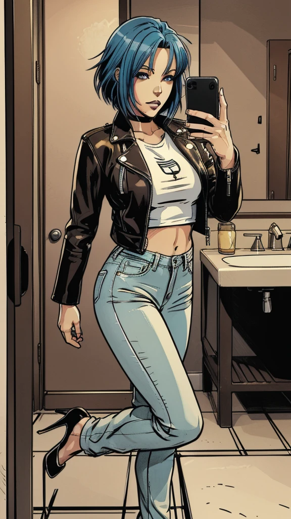 vector image, 2d cartoon,masterpiece, An anime woman,colored hair, provocative makeup,tight jeans, heels, horny pose, leather jacket, t-shirt, taking selfie in restroom