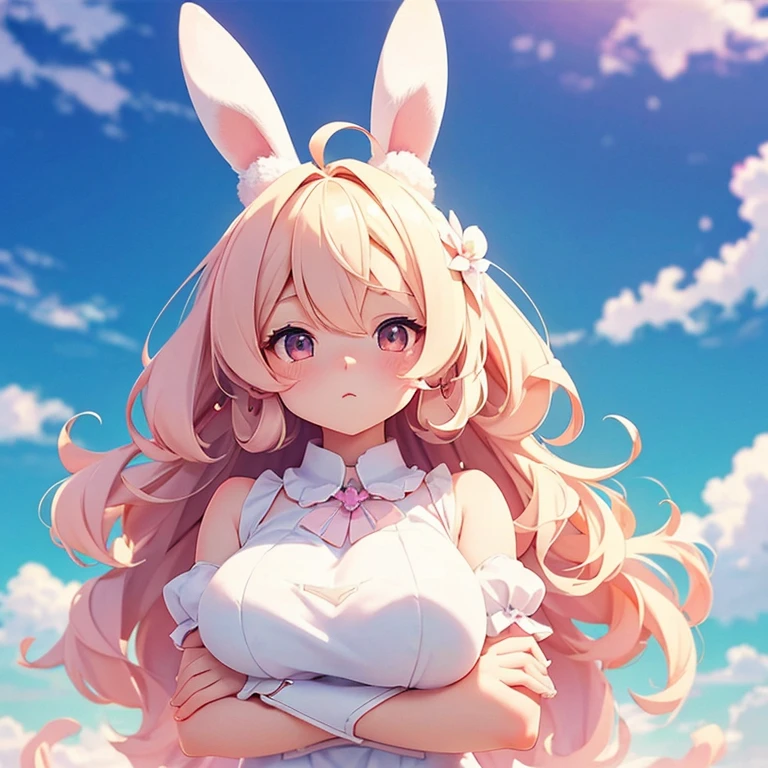 Bunny Morphing Girl, fluffy, soft ((highest quality)), ( Very detailed, Best details, Official Art, Beauty and aesthetics: 1.2), Depth of the written border, composition, whole body, (a bit), (Beautiful and detailed: 1.3), (wonderful:1), Colorful clouds blurred background,One girl,