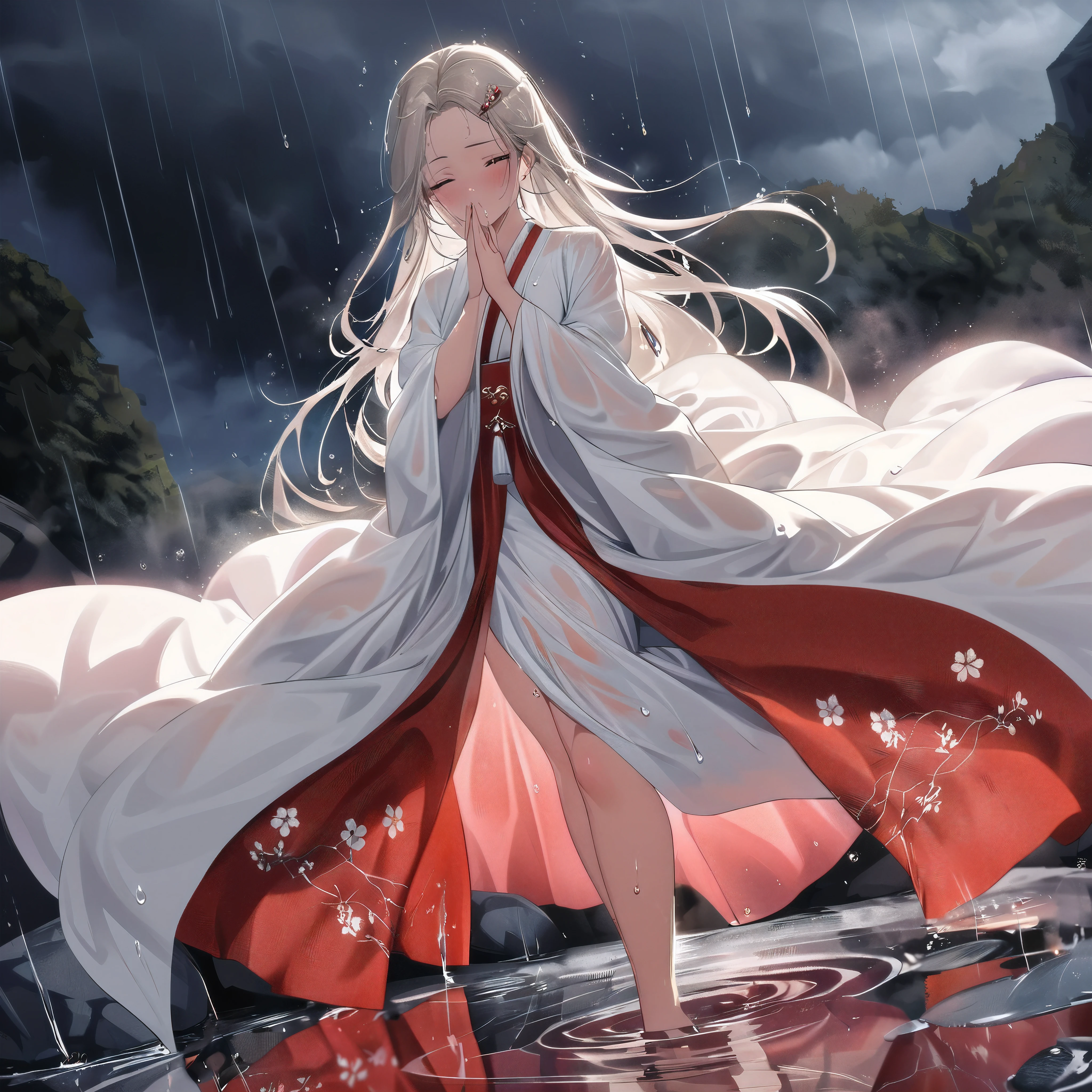(best quality,4k,8k,highres,masterpiece:1.2),anime style,anime art wallpaper 4k,anime art wallpaper 8k,girl in white and red dress walking in the rain,elegant long hair and robe,anime girl walking on water,beautiful anime art,beautiful fantasy anime,anime wallpaper 4k,anime wallpaper 8k,hd anime wallpaper