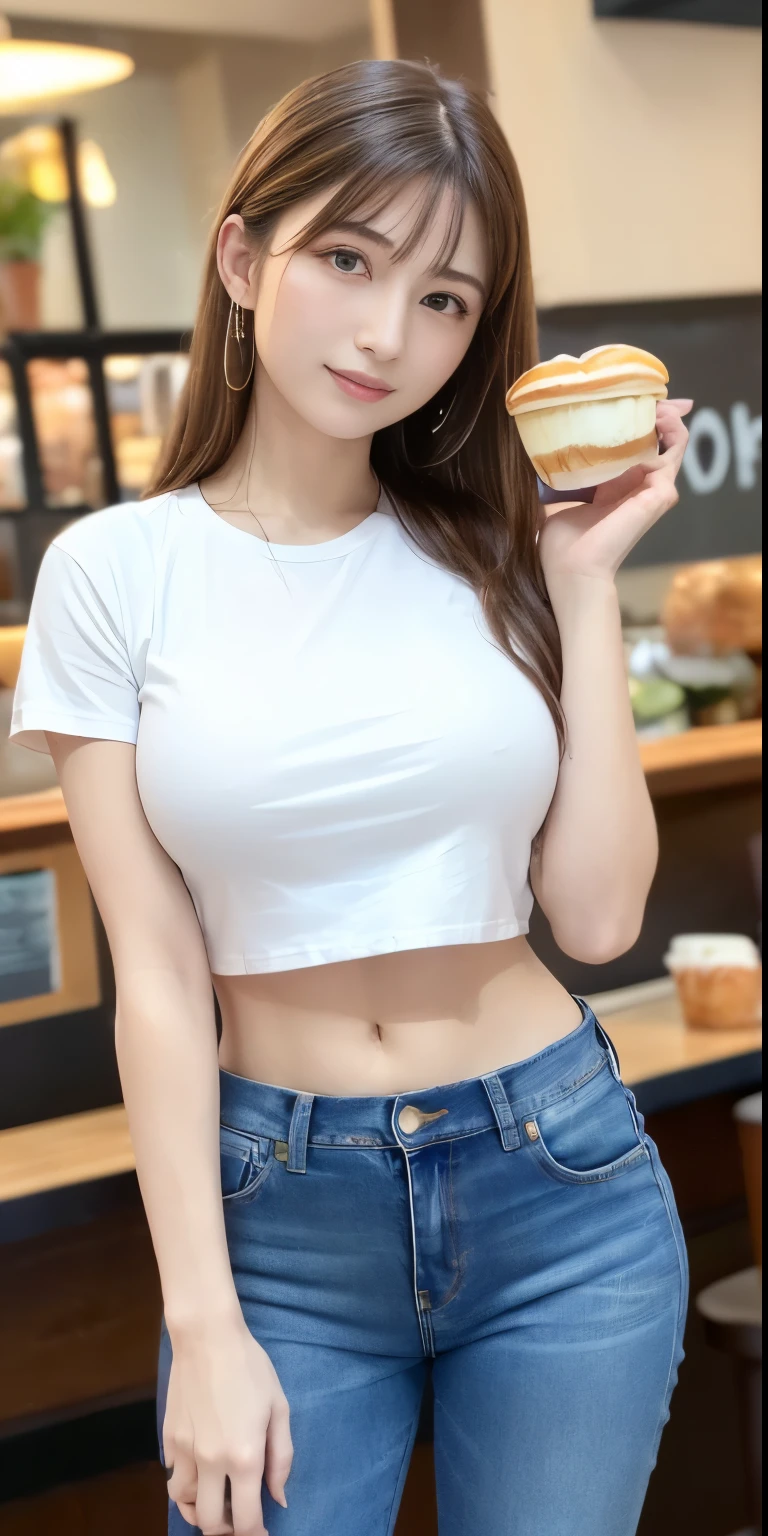 best masterpiece、highest quality、shape、Super detailed、High resolution、8K wallpaper、Perfect dynamic shape、beautiful and detailed eyes、natural color lip, Random sexy pose,very kind smile、17 year old girl、cute、expensive、(highest quality:1.3)、(masterpiece:1.3)、(The Super detailed:1.3)、(wallpaper, one girl:1.1)、(delicate hands and fingers:1.2)、(Detailed super oily shiny skin:1.1)、Beautiful and glossy thighs、(tight white t-shirt、jeans:1.7)、(big breasts that hang down and firm:1.4)、slender body shape、brown hair head、(stable expression:1.5)、((Semi-long random hairstyle:1.3))、beautiful sister、(Model standing pose from the front:1.4)、sexy pose、(((Paris city cafeteria background:1.6)))、((Beautiful big breasts with firmness:1.5))、(beautiful double eyelids:1.3)、look at the camera、Pelvic expanse、perfect lighting、