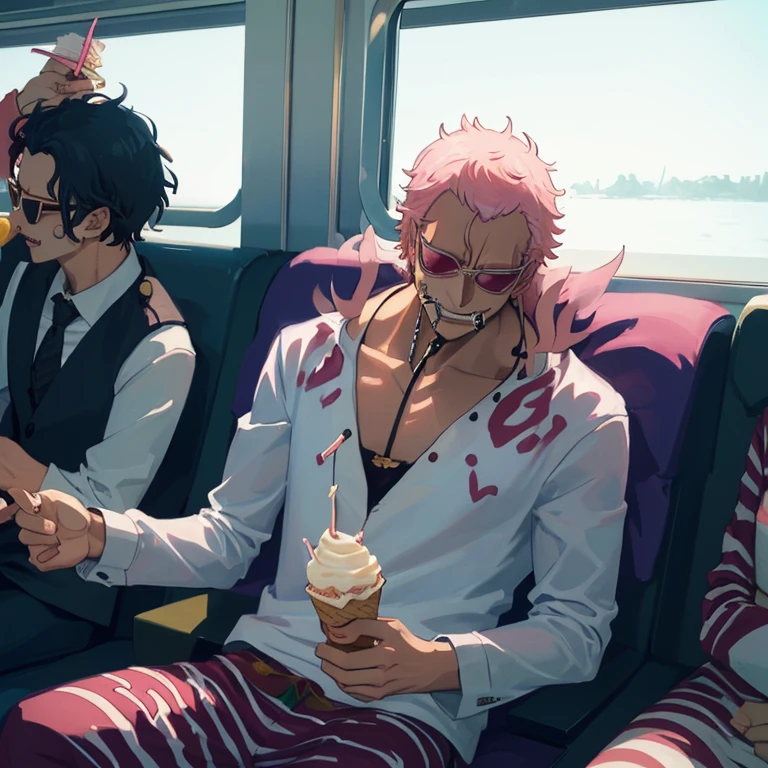 Doflamingo eating soft serve ice cream on the train