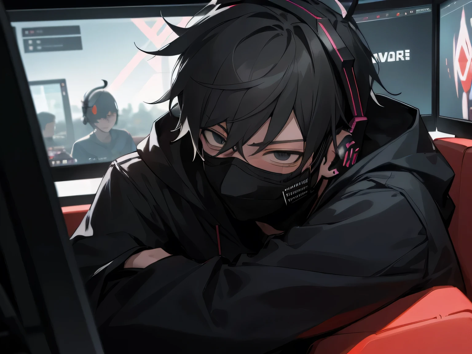 Dynamic Angle,Face close-up,One boy，Adult,(Simple black mask),Tired look，Yandere,highest quality，Gamer,Facial details，,(Headphones),Ear piercing,sit in front of the computer and play games, Esports Room
