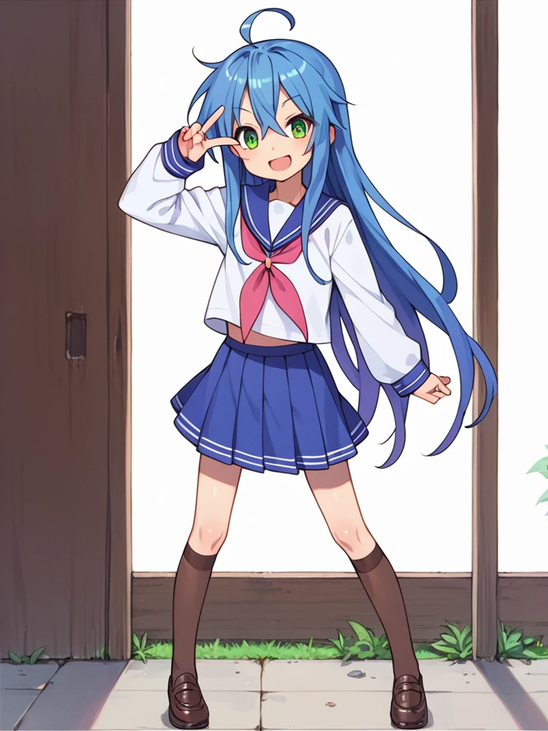 score_9, score_8_up, score_7_up, best quality, masterpiece, source_anime, photo, (natural skin, detailed skin:0.8), uncensored,
( ,cute ,small:0.5), (colourful,Colouring in:1.0),skinny,
konata izumi, long hair, ahoge, green eyes, blue hair, skinny, 
flat chest, 
1girl,outdoors, serafuku, purple miniskirt, purple sailor collar, shoes, brown tighhighs,smile, 
dynamic pose,v,
,   