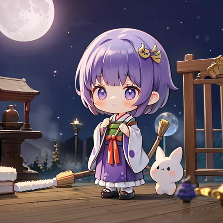 Blind Box, Cute girl wearing shrine maiden clothes,Purple medium short hair,Holding a broom、(background:shrine),night,The mist is scattered,The moon is bright