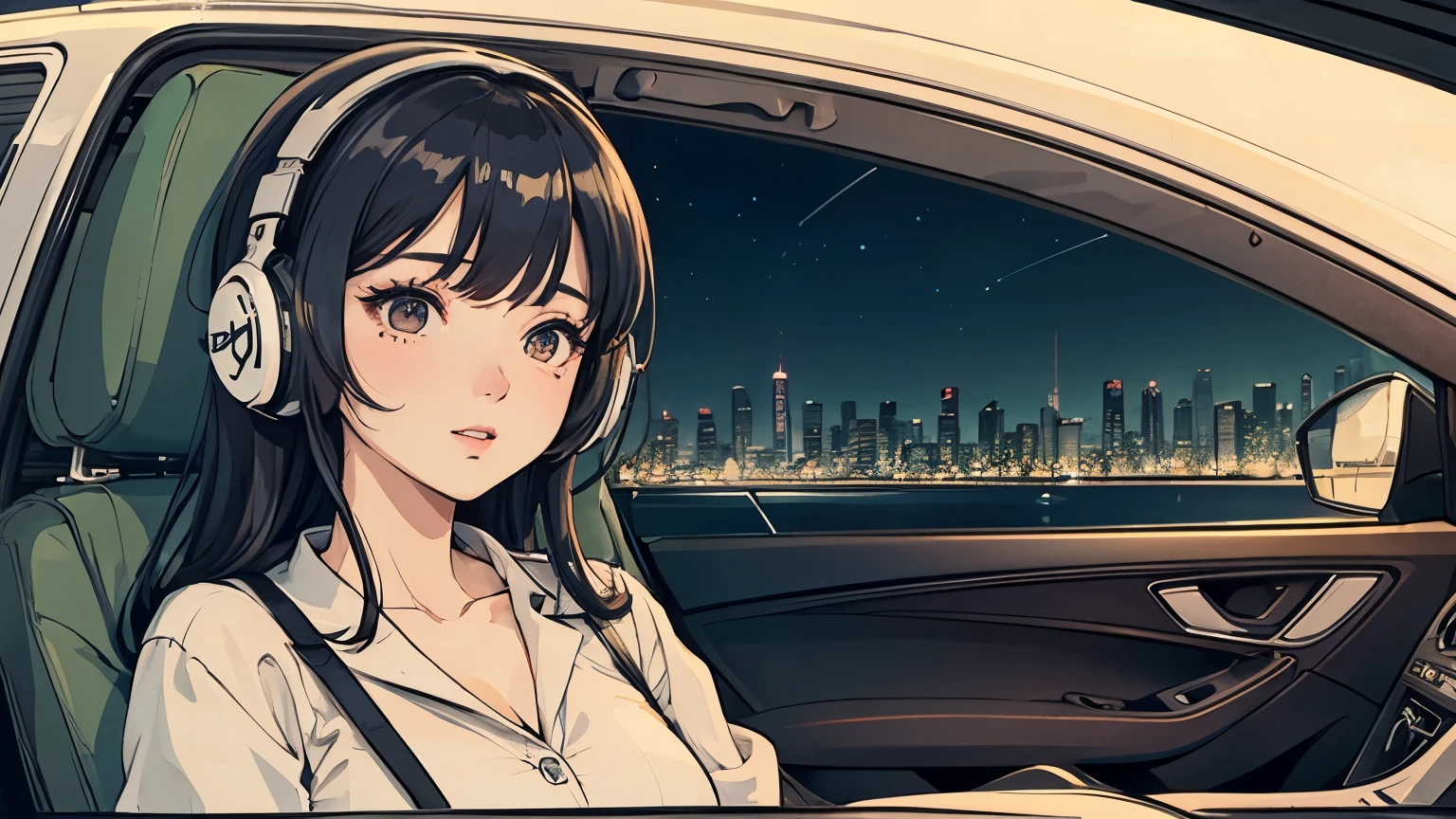 nightの都市、Woman with headphones 90s anime style, night, In the car, woman with smartphone,Taking a nap３０Woman in her thirties、nap、 late night , Sitting in the back seat, (((Detailed face))),Perfect facial detail、City Pop, masterpiece,highest quality、Ultra-high resolution,, Lo-Fi, Chill, late night, nightのドライブ, 走行中のIn the car, futuristic night view outside the window, Dark Room