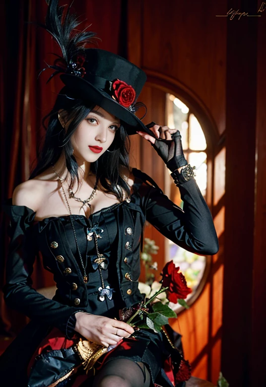 (8k, RAW photo, best quality, mastery:1.2), (realistic, photo-realistic:1.37), (aegyo sal:1), closeup shot of a malicious gal dressed in a red tutu and black top, a portrait inspired by Louis Grell, deviantart, gothic art, wearing modern gothic clothes, red and black costume!!!, victorian gothic lolita fashion, wearing a gothic dress, an elegant gothic princess, gothic clothing, gothic outfit, high quality theatre costume, baroque hibiscus queen, gothic fashion, ornate dark red opulent clothing, natural light, sunlight, photon mapping, radiosity, physically-based rendering , cosplay, grey eyes, Kyoto garden, japanese garden in background, water, bonsai, sexy, looking at viewer,, 8k high res, 8k, CG wallpaper, Realistis, crisp background, exaggerated breasts, full body lesbian