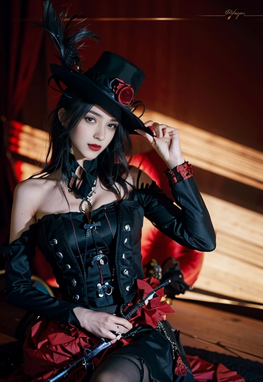 (8k, RAW photo, best quality, mastery:1.2), (realistic, photo-realistic:1.37), (aegyo sal:1), closeup shot of a malicious gal dressed in a red tutu and black top, a portrait inspired by Louis Grell, deviantart, gothic art, wearing modern gothic clothes, red and black costume!!!, victorian gothic lolita fashion, wearing a gothic dress, an elegant gothic princess, gothic clothing, gothic outfit, high quality theatre costume, baroque hibiscus queen, gothic fashion, ornate dark red opulent clothing, natural light, sunlight, photon mapping, radiosity, physically-based rendering , cosplay, grey eyes, Kyoto garden, japanese garden in background, water, bonsai, sexy, looking at viewer,, 8k high res, 8k, CG wallpaper, Realistis, crisp background, exaggerated breasts, full body lesbian