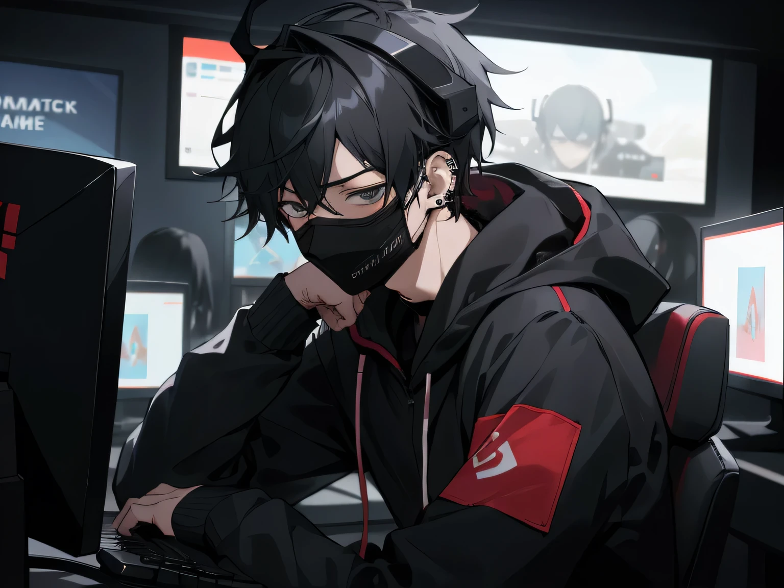 Dynamic Angle,Face close-up,One boy,Adult,(Simple black mask),Tired look,Yandere,highest quality,Gamer,Facial details,,(Headphones),Ear piercing,sit in front of the computer and play games, Esports Room