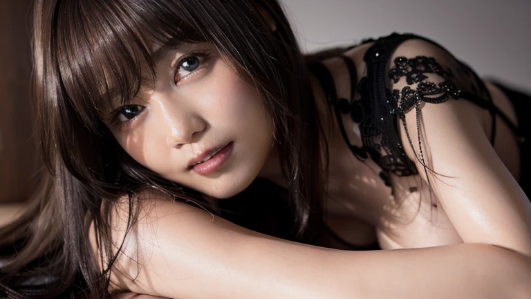 (8k, RAW Photos, highest quality, masterpiece: 1.2), (Realistic, photoRealistic: 1.37), Very detailed, Ultra-high resolution, One Girl, Beholder, Beautiful and elaborate face, smile, narrow, (Narrow waist): 1.Black Lingerie, Beautiful, smooth skin, Skin Texture, Floating Hair, Professional Lighting, Medium Chest, Kind eyes,