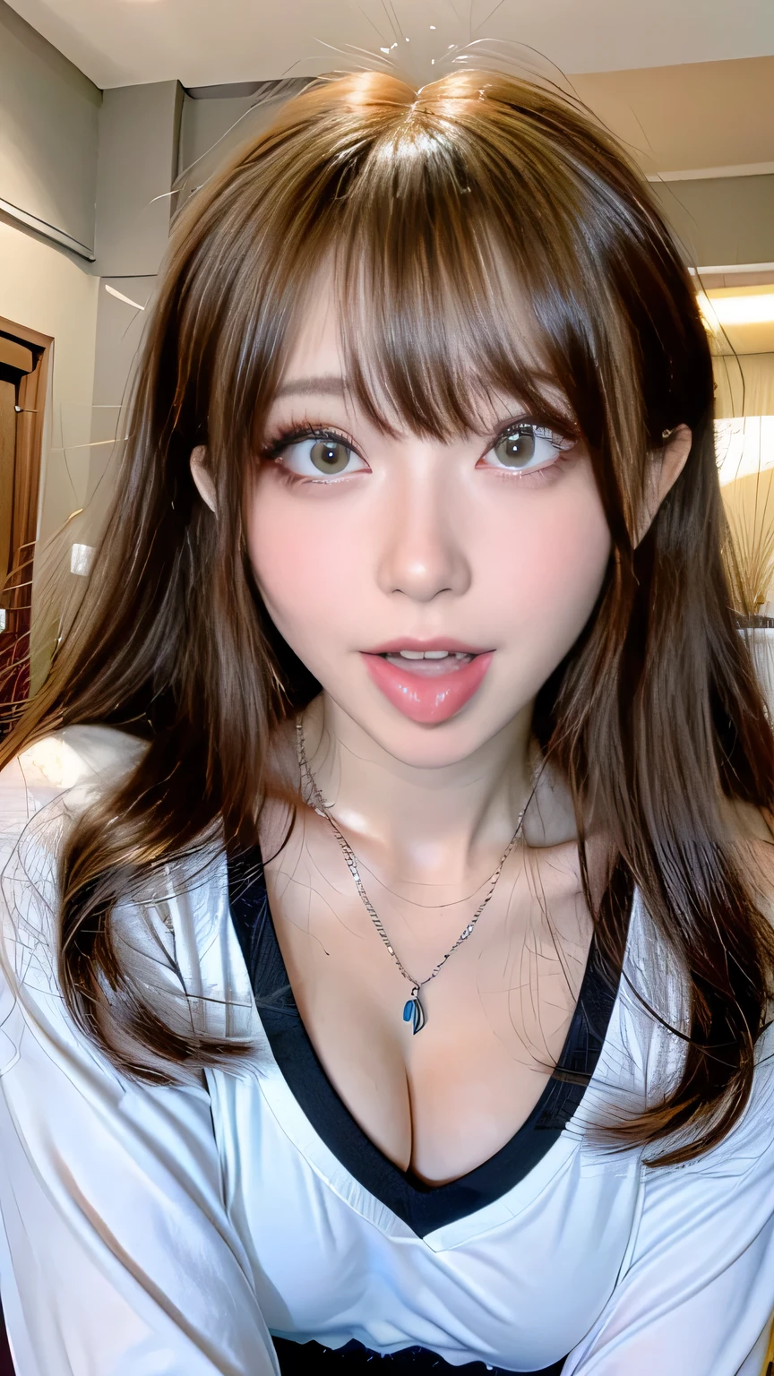 full body angle、((you highest image, 8k, Masterpiece: 1.3)), intense: 1.2, Cute Girl 1,erect nipples、no bra、 perfect beauty: 1.4,pajamas: 1.2,long-sleeved shirt、Randall color、cartoon&Text graphics、Drawstring blouse with black ruffles.,1.1, Highly detailed face and skin textures, Fine grain, Double eyelids, whitening skin, ,you highest image,Ultra high resolution,you,1 woman,alone,_shiny_skin,Iris,necklace,((brown_length_serrated_hair)),(lips)),eyelash,Front hair,deal with,compensate,shiny,hair follicles,skin texture,big breasts、smiling face、livelihood、