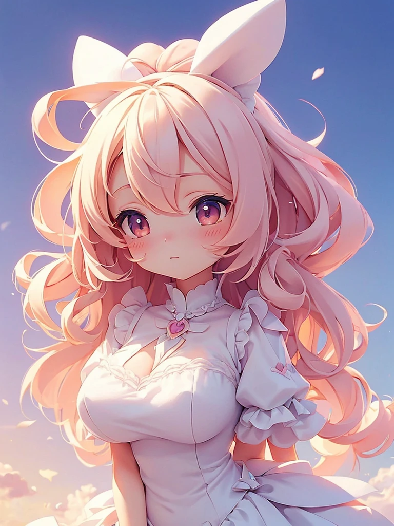 Bunny Morphing Girl, fluffy, soft ((highest quality)), ( Very detailed, Best details, Official Art, Beauty and aesthetics: 1.2), Depth of the written border, composition, whole body, (a bit), (Beautiful and detailed: 1.3), (wonderful:1), Colorful clouds blurred background,One girl,