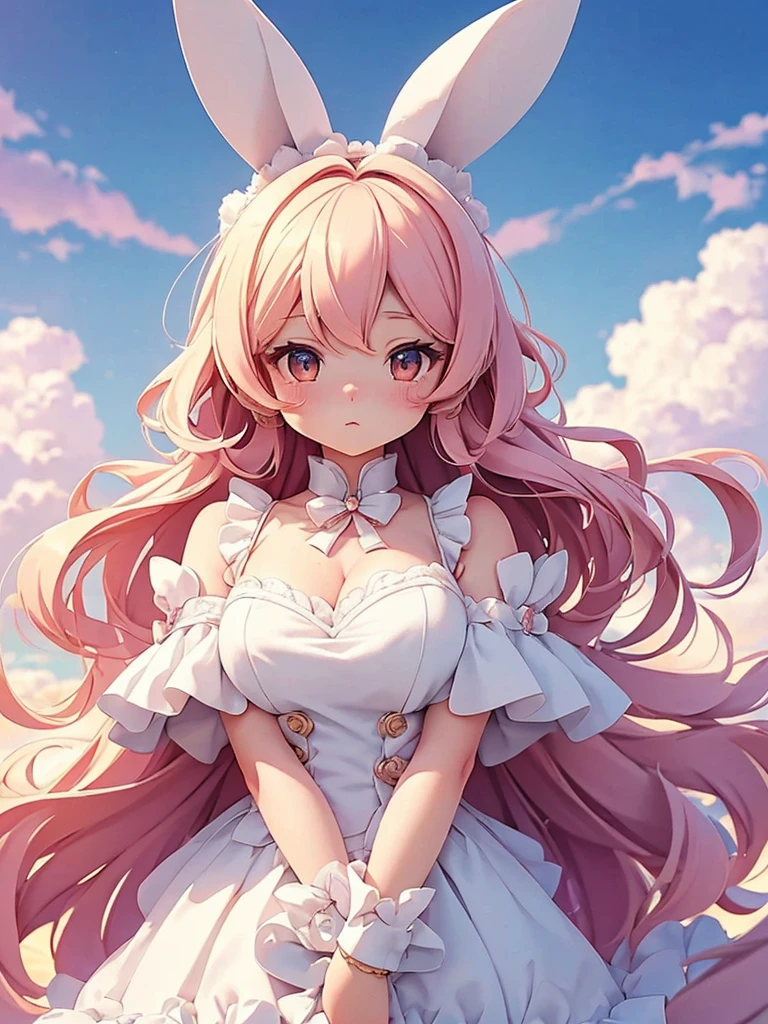 Bunny Morphing Girl, fluffy, soft ((highest quality)), ( Very detailed, Best details, Official Art, Beauty and aesthetics: 1.2), Depth of the written border, composition, whole body, (a bit), (Beautiful and detailed: 1.3), (wonderful:1), Colorful clouds blurred background,One girl,