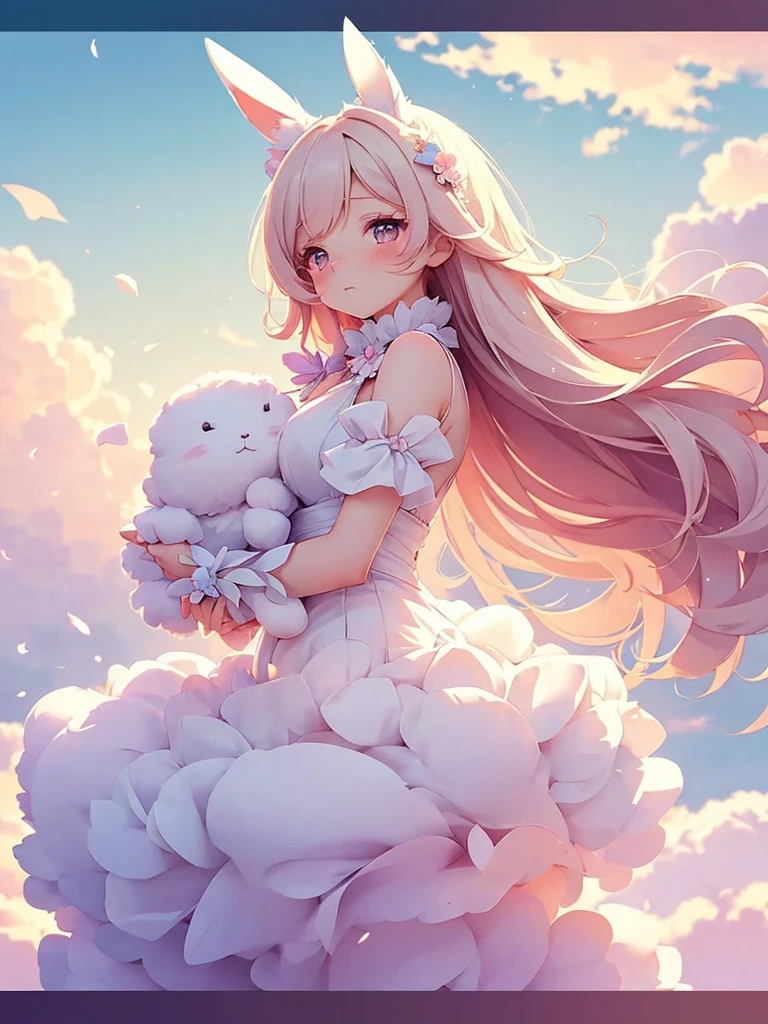 Bunny Morphing Girl, fluffy, soft ((highest quality)), ( Very detailed, Best details, Official Art, Beauty and aesthetics: 1.2), Depth of the written border, composition, whole body, (a bit), (Beautiful and detailed: 1.3), (wonderful:1), Colorful clouds blurred background,One girl,