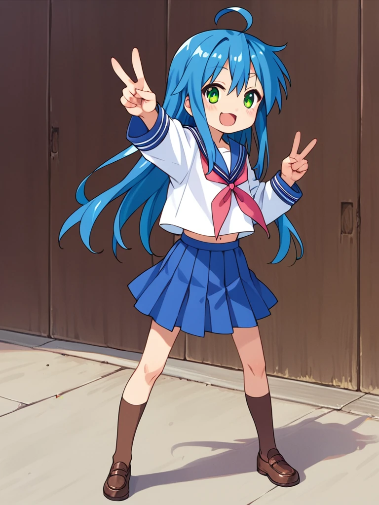 score_9, score_8_up, score_7_up, best quality, masterpiece, source_anime, photo, (natural skin, detailed skin:0.8), uncensored,
(child ,cute ,small girl:0.5), (colourful,Colouring in:1.0),skinny,
konata izumi, long hair, ahoge, green eyes, blue hair, skinny,
flat chest,
1girl,outdoors, serafuku, violet miniskirt, violet sailor collar, shoes, brown tighhighs,smile,
dynamic pose,v,
,