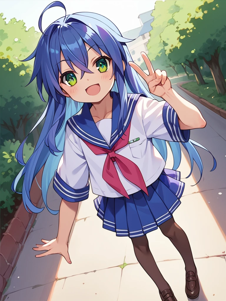 score_9, score_8_up, score_7_up, best quality, masterpiece, source_anime, photo, (natural skin, detailed skin:0.8), uncensored,
(child ,cute ,small girl:0.5), (colourful,Colouring in:1.0),skinny,
konata izumi, long hair, ahoge, green eyes, blue hair, skinny, 
flat chest, 
1girl,outdoors, serafuku, violet miniskirt, violet sailor collar, shoes, brown tighhighs,smile, 
dynamic pose,v,
,   