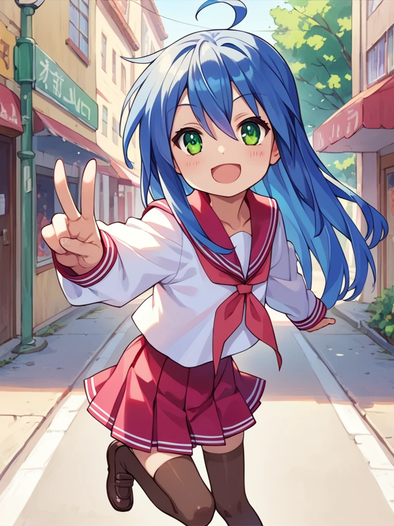 score_9, score_8_up, score_7_up, best quality, masterpiece, source_anime, photo, (natural skin, detailed skin:0.8), uncensored,
(child ,cute ,small girl:0.5), (colourful,Colouring in:1.0),skinny,
konata izumi, long hair, ahoge, green eyes, blue hair, skinny, 
flat chest, 
1girl,outdoors, serafuku, violet miniskirt, violet sailor collar, shoes, brown tighhighs,smile, 
dynamic pose,v,
,   