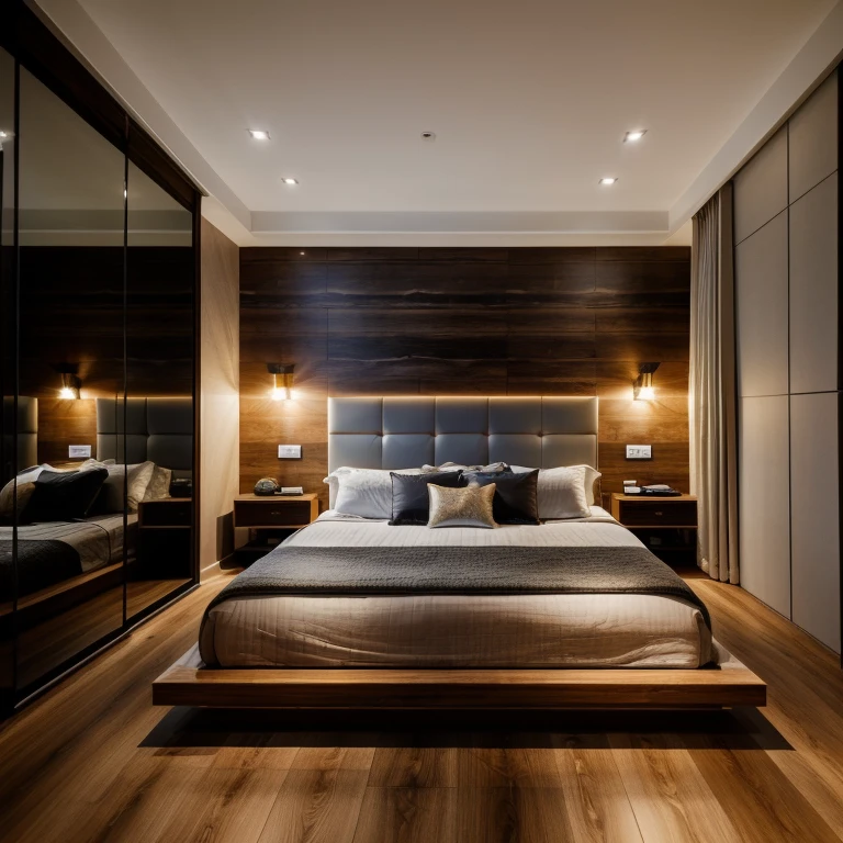 luxury master bedroom, timber floor, marble wall, night time, warm lighting RAW Photo, RAW texture, Super Realistic, 32K UHD, DSLR, soft lighting, high quality, film rating, Fujifilm XT3 