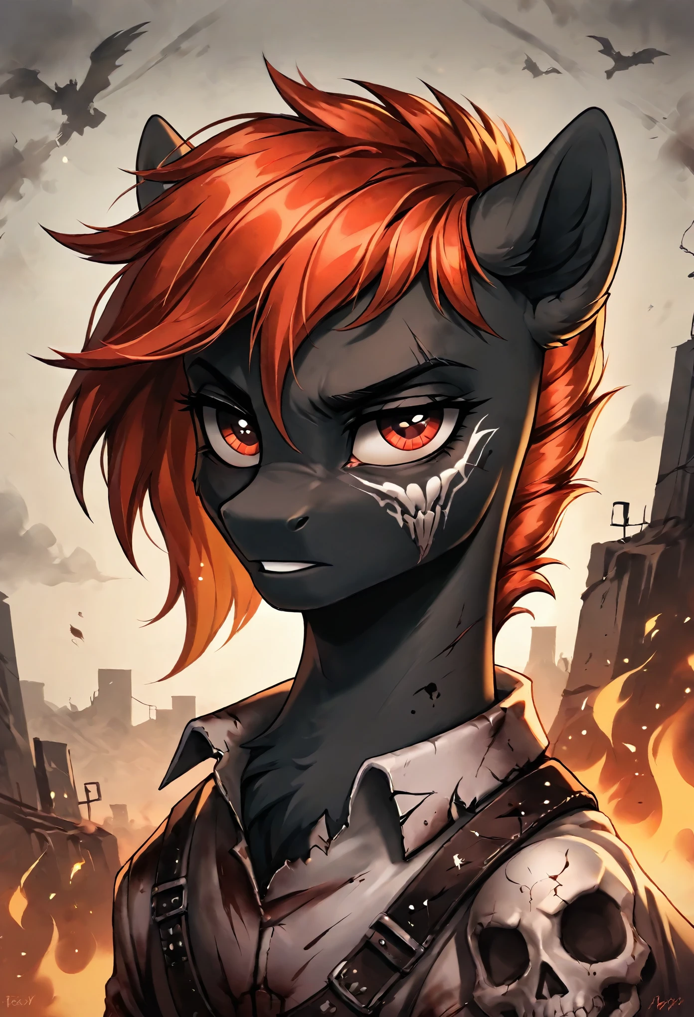 score_9, score_8_up, score_7_up, MLP, black fur, firey hair, red eyes, death, skull tattoo, desolate landscape, fire in the background, post-apocalyptic scene, only one pony, solo scene