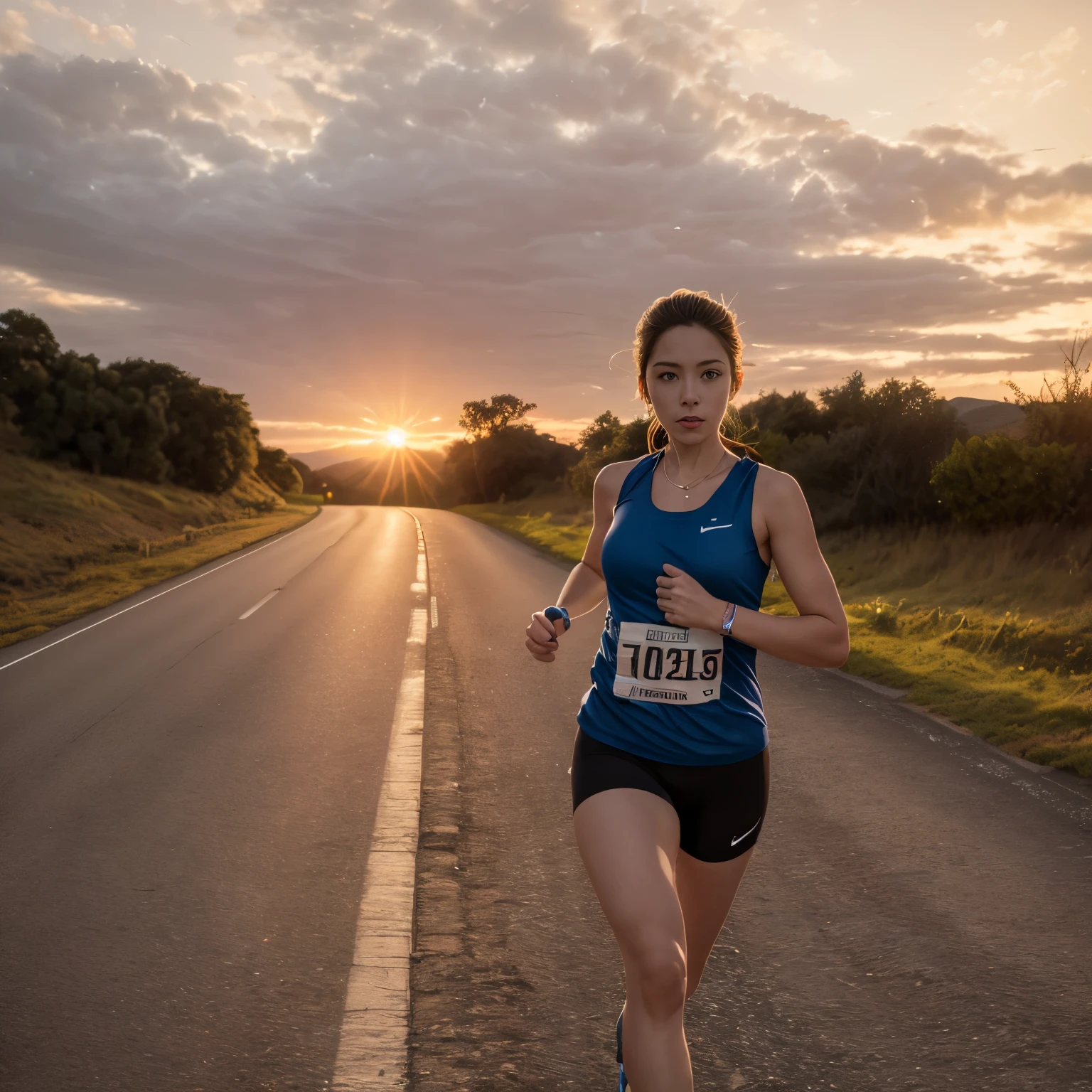 Marathon runner,Run away on the road, Behind her, sundown scene ,Cinematic light and shadow,8K clarity