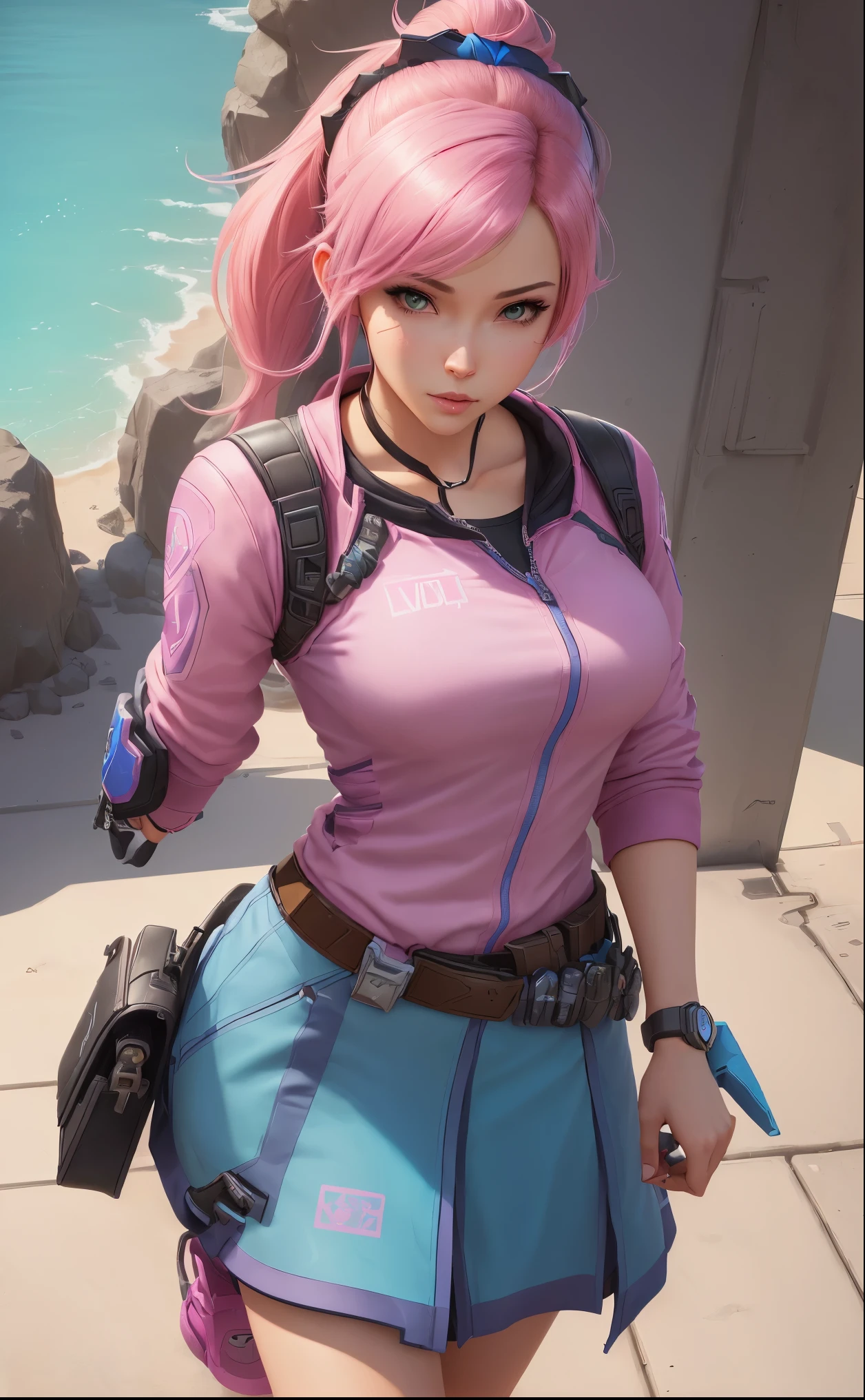 a close up of a woman with a pink shirt and a blue purse, from overwatch, echo from overwatch, overwatch fanart, d. va from overwatch, overwatch character, extremely detailed artgerm, as an overwatch character, as overwatch character, overwatch inspired, makoto shinkai ( apex legends ), fiora from league of legends, overwatch style, jett from valorant