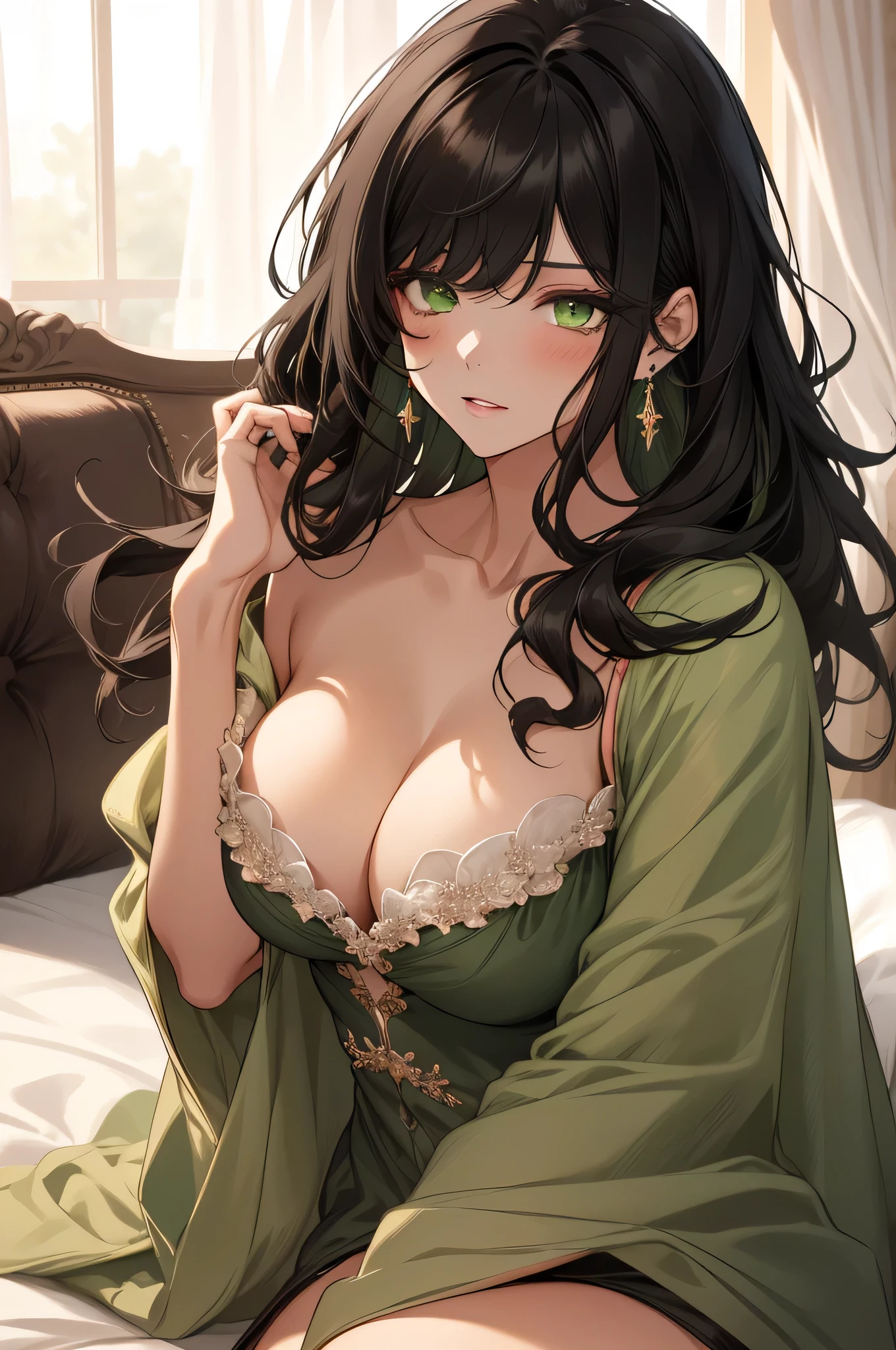 (top quality, masterpiece, high quality, ultra-delicate), ((beautiful girl)), ((Dark black hair)), mature, graceful curves, (long hair, long bangs), ((bright green eyes)), detailed eyes,, bangs, fashionable clothing, large breast and chest, charm, fashion, small blush, thick thighs, breast, green earrings, laying on a bed, with a blanket over her body, cleavage.