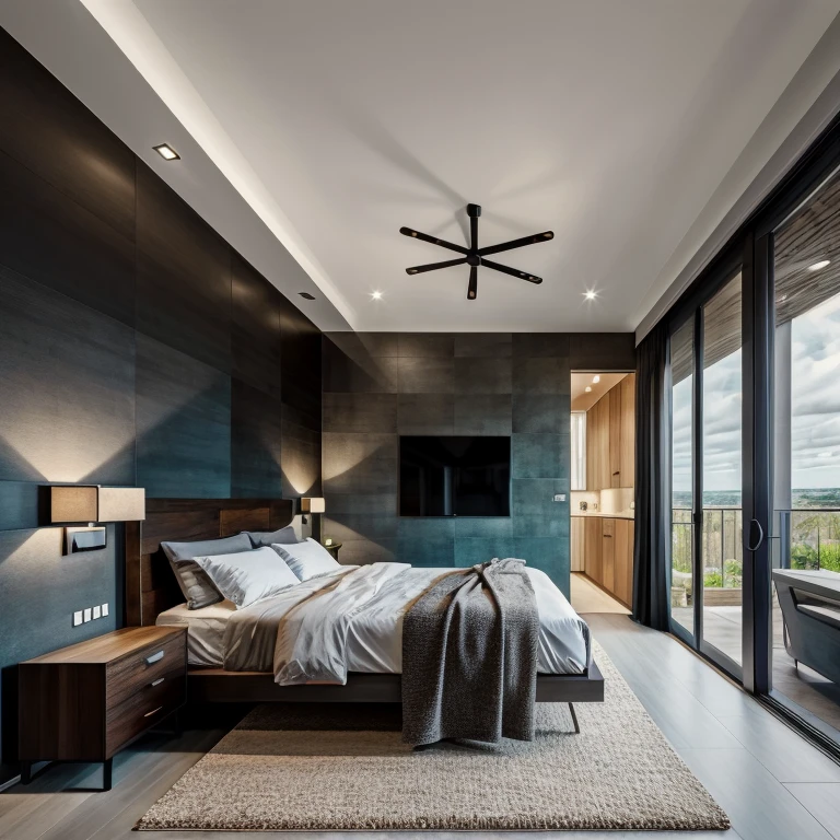 ((masterpiece,best quality,highres,sharp forcus)) (((detail forcus))) , bedroom ,Modern style, (modern furniture) , plaster ceiling, bright, oak , daylight , warm tone , bright color