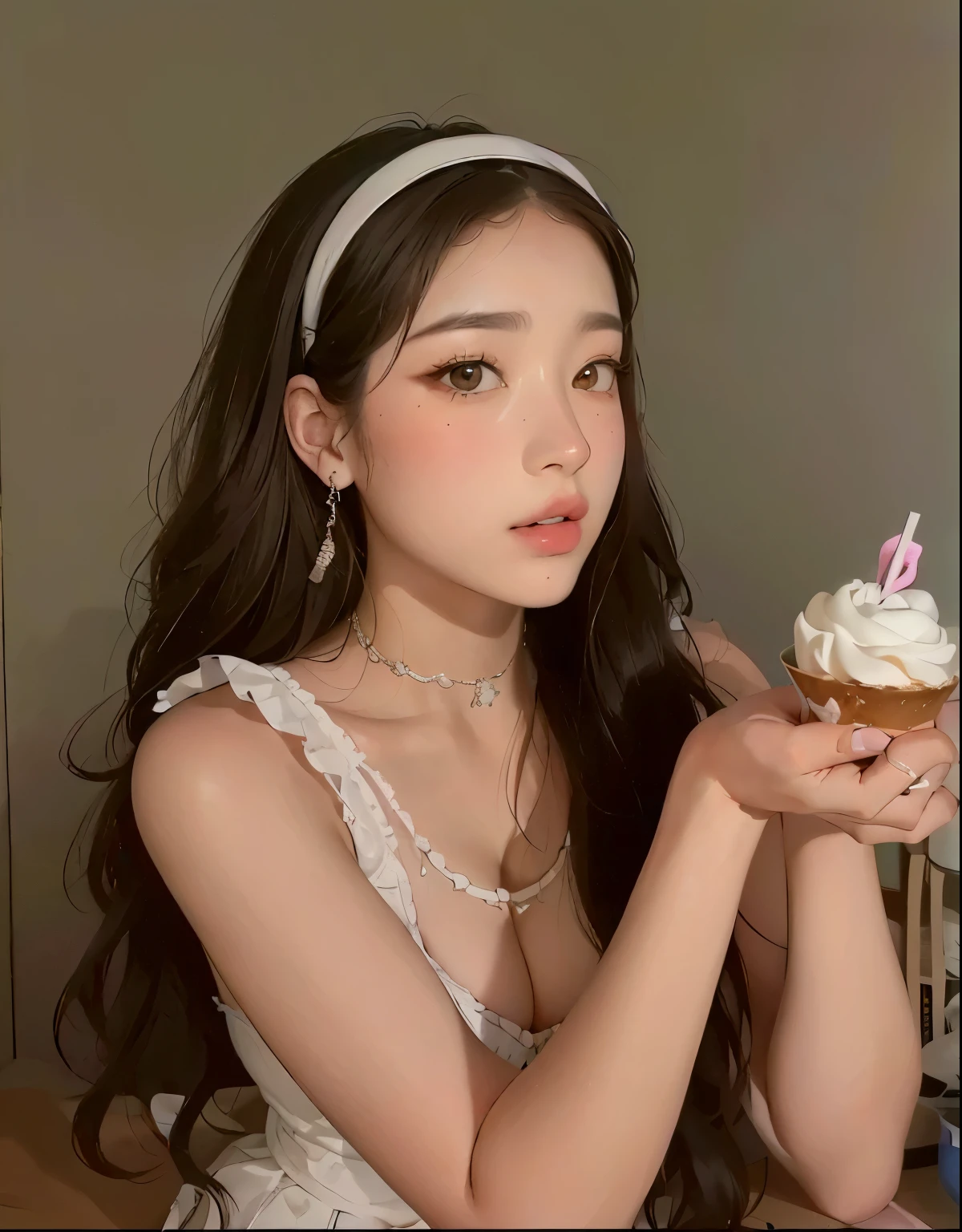 Chica araffe con un vestido blanco sosteniendo un pastelito con una vela., ulzzang, obra de arte al estilo de guweiz, guweiz, comiendo pasteles, 16 years old, 18 years, con pelo largo y ojos penetrantes, pale milky white porcelain skin, jaeyeon nam, jinyoung shin, retrato suave 8 K