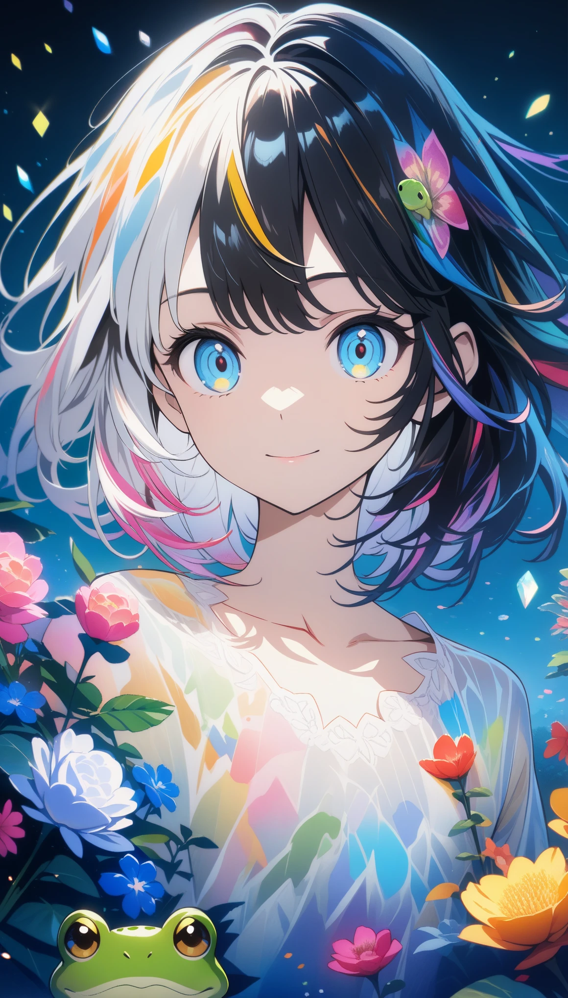 32k, best quality, ultra high res, HDR, UHD, extremely detailed CG, unity 32k wallpaper, **Japanese anime, A picture that looks like it was drawn with Copics,crystal style, crystal clear, woman with frog, under the blue moon, it was meticulously written, picture with elaborate writing, cute woman over smile,Flower, bold and strong line drawing, vivid acrylic painting, vivid thick paint, vivid, plain background, beautiful proof, highest resolution 16K, beautiful anime woman that is betrayeded by a frog, hair is short, Beautiful lightcyan high lights in her beautiful kind eyes, background is twinkle,Beautiful woman with a loose airy bright colorful hair with diamond high lights,Transparent dress, ,thick aquarelle colors,colorful,honeydew and diamond, lightcyan and white and light Effects,wallpaper,architecture,High quality, high image quality, great amount of drawing,pixiv illustration, transparency, Japanese anime,upper body,white tone, delicate brushwork,distinct color,