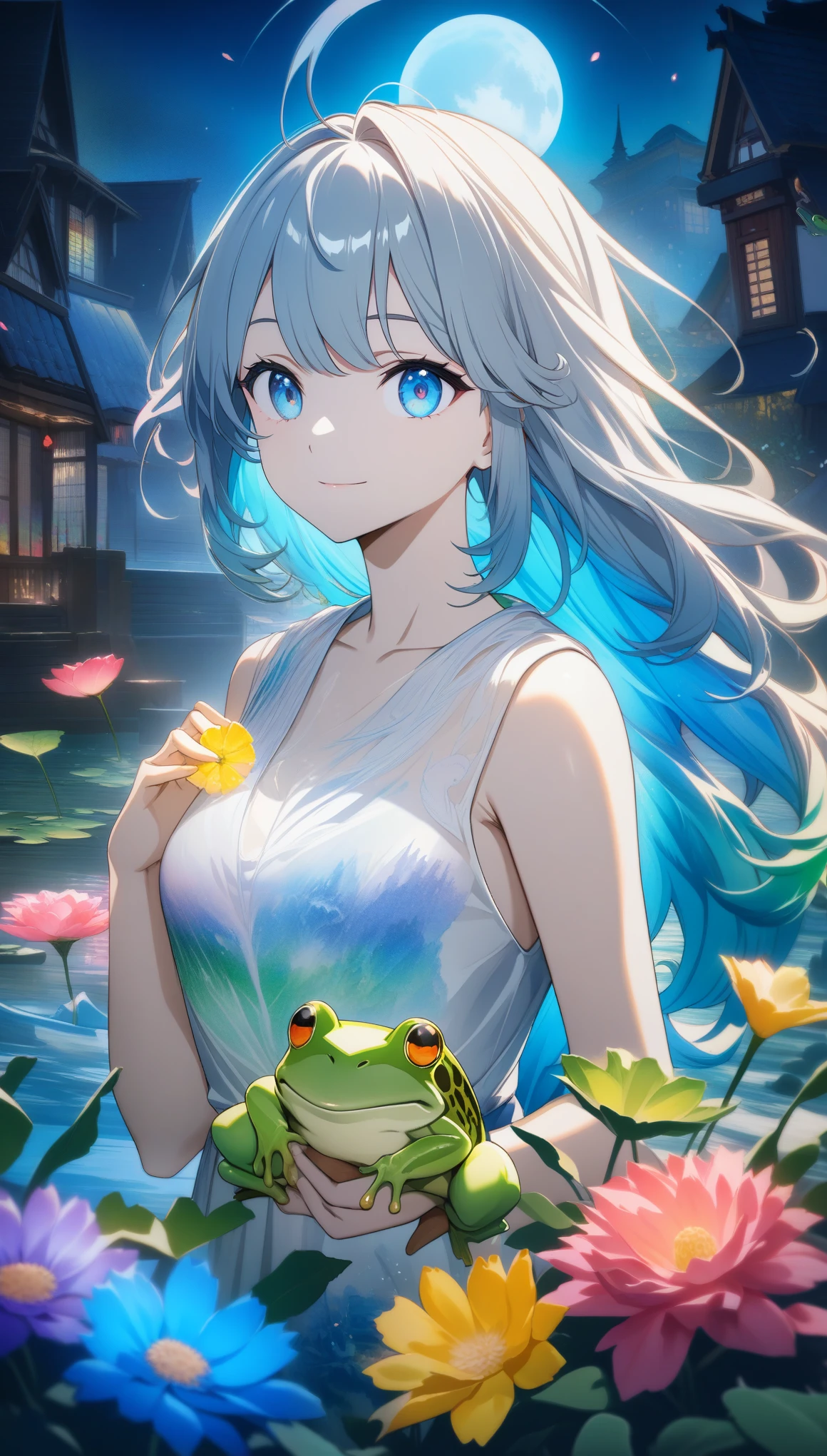 32k, best quality, ultra high res, HDR, UHD, extremely detailed CG, unity 32k wallpaper, **Japanese anime, A picture that looks like it was drawn with Copics,crystal style, crystal clear, woman with frog, under the blue moon, it was meticulously written, picture with elaborate writing, cute woman over smile,Flower, bold and strong line drawing, vivid acrylic painting, vivid thick paint, vivid, plain background, beautiful proof, highest resolution 16K, beautiful anime woman that is betrayeded by a frog, hair is short,  Beautiful lightcyan high lights in her beautiful kind eyes, background is twinkle,Beautiful woman with a loose airy bright colorful hair with diamond high lights,Transparent dress, ,thick aquarelle colors,colorful,honeydew and diamond, lightcyan and white and light Effects,wallpaper,architecture,High quality, high image quality, great amount of drawing,pixiv illustration, transparency, Japanese anime,upper body,white tone, delicate brushwork,distinct color, 