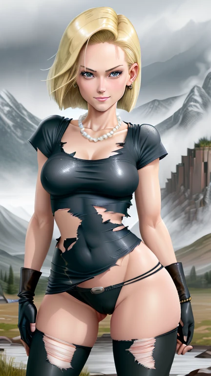 best quality, highres, and18, 1girl, android 18, solo girl, 1girl, blonde hair, blue eyes, pearl necklace, bracelets, black gloves, short hair, short sleeves, earrings, medium breasts, cowboy shot, mountains, straight-on, (weather: raining and windy), wet shirt, sexy smile, combat stance, battle ruins, wide hips, thick legs, torn clothes, closed fists