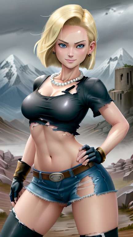 best quality, highres, and18, 1girl, android 18, solo girl, 1girl, blonde hair, blue eyes, pearl necklace, bracelets, black gloves, short hair, short sleeves, earrings, medium breasts, cowboy shot, mountains, straight-on, (weather: raining and windy), wet shirt, sexy smile, combat stance, battle ruins, wide hips, thick legs, torn clothes, closed fists
