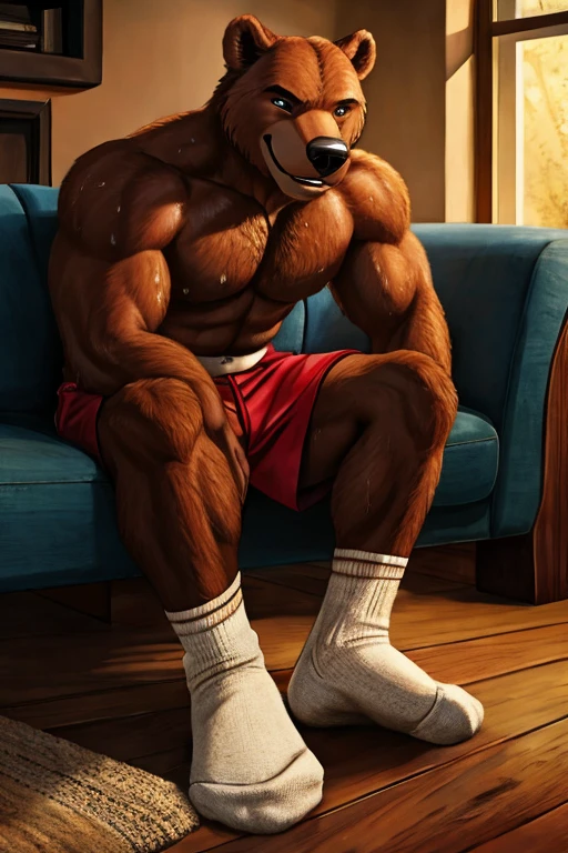 (male, anthropomorphic,smiling, muscled)[bear],[lays on the sofa],[sweaty, perspiring],[white sport socks],[raised high up and forwards],[focus on],[sweaty socks, paw pads],[paws][, sweat soles],[sweat],[masculinity vibes],[medium: photorealistic],[detailed fur],[sharp focus],[vivid colors],[realistic lighting],[warm color tone],[intense gaze],[relaxed expression],[modern leather sofa],[agility],[elegance],[strength],[wilderness]