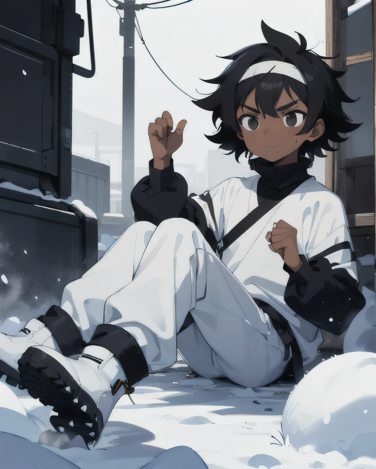 Boy, young, dark skin, black hair, messy hair, black eyes, white headband, white long-sleeved high-neck blouse, white sweatpants, black snow boots

