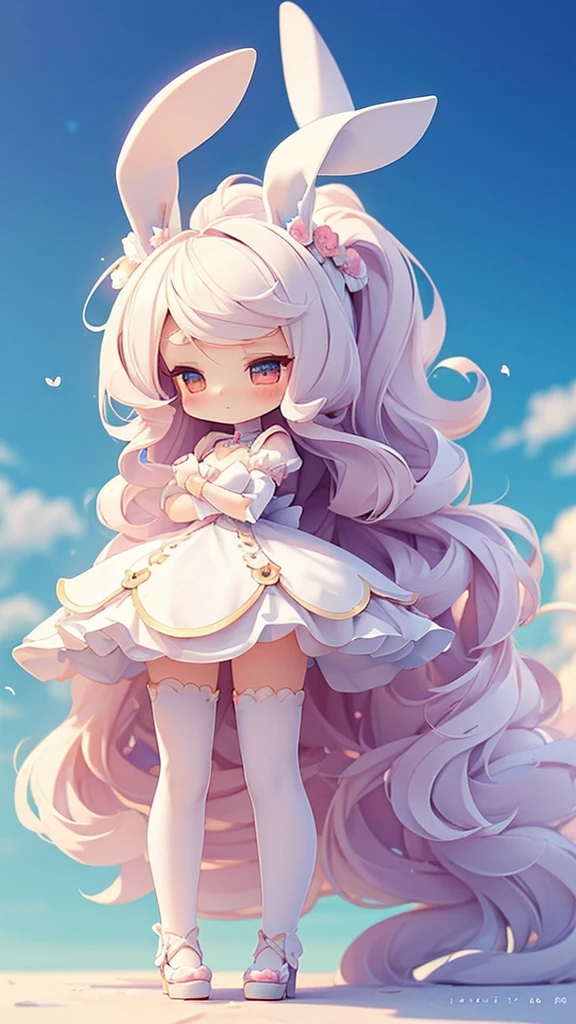 Bunny Morphing Girl, fluffy, soft ((highest quality)), ( Very detailed, Best details, Official Art, Beauty and aesthetics: 1.2), Depth of the written border, composition, whole body, (a bit), (Beautiful and detailed: 1.3), (wonderful:1), Colorful clouds blurred background,One girl,
