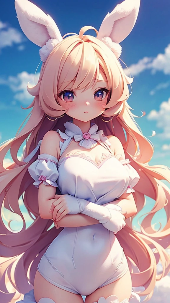 Bunny Morphing Girl, fluffy, soft ((highest quality)), ( Very detailed, Best details, Official Art, Beauty and aesthetics: 1.2), Depth of the written border, composition, whole body, (a bit), (Beautiful and detailed: 1.3), (wonderful:1), Colorful clouds blurred background,One girl,