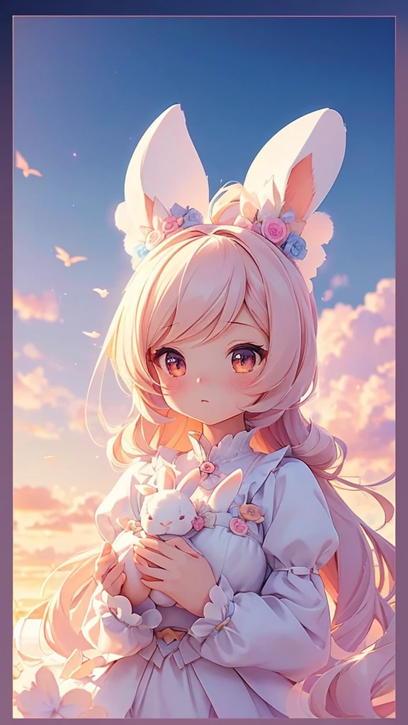 Bunny Morphing Girl, fluffy, soft ((highest quality)), ( Very detailed, Best details, Official Art, Beauty and aesthetics: 1.2), Depth of the written border, composition, whole body, (a bit), (Beautiful and detailed: 1.3), (wonderful:1), Colorful clouds blurred background,One girl,
